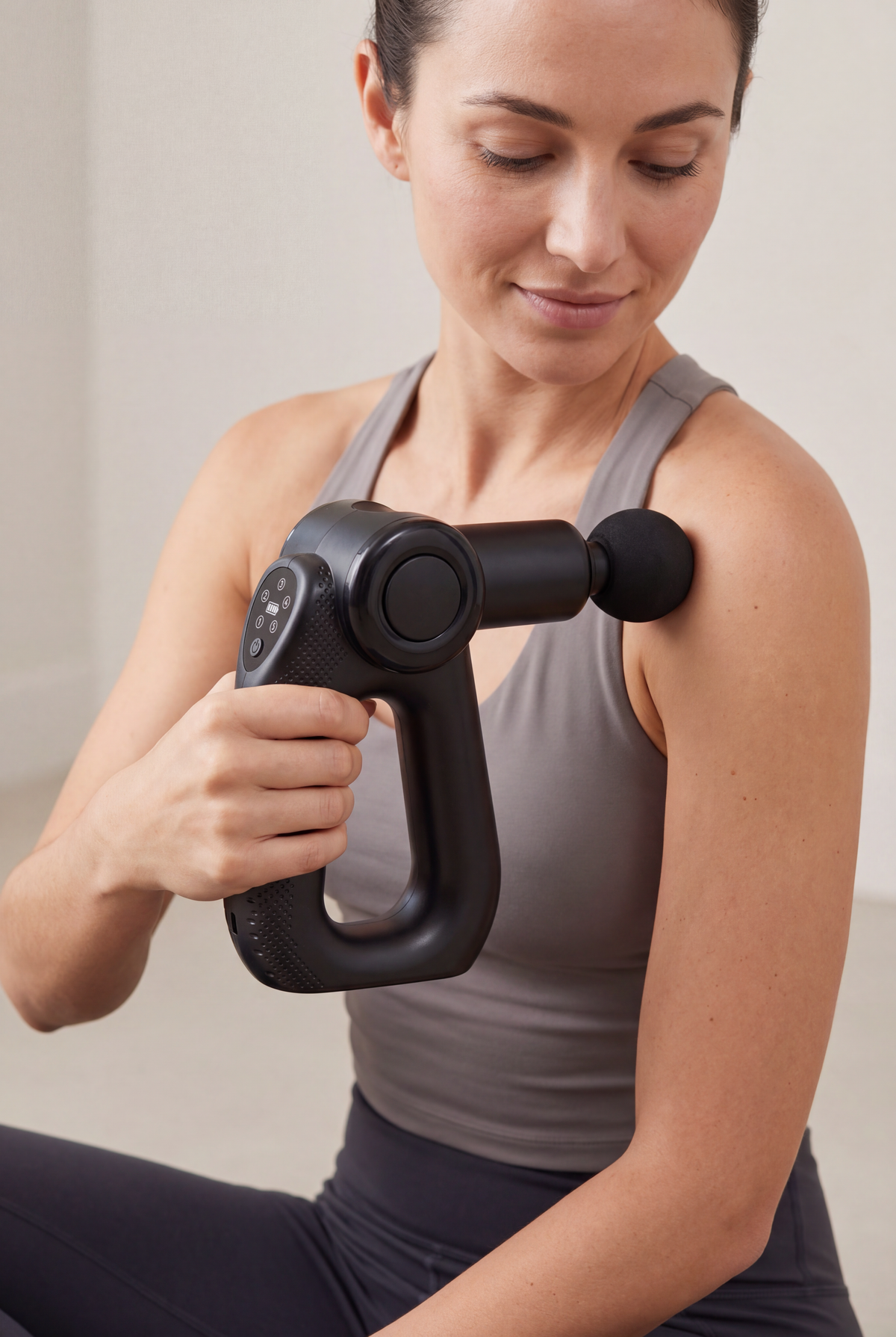 Model using the Velora Pulse Pro massage gun